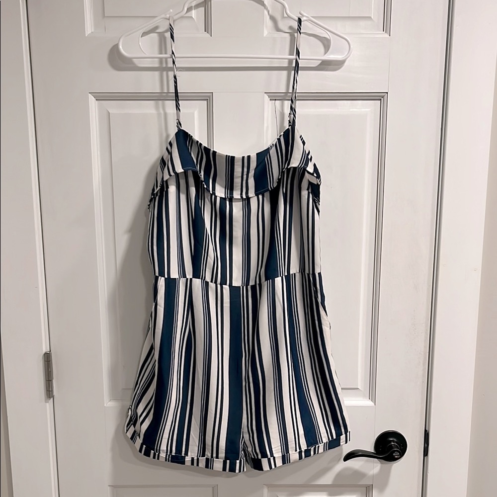 Blue and White Striped Romper with Pockets Size Medium
